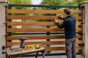 Comment habiller un portail en fer avec du bois