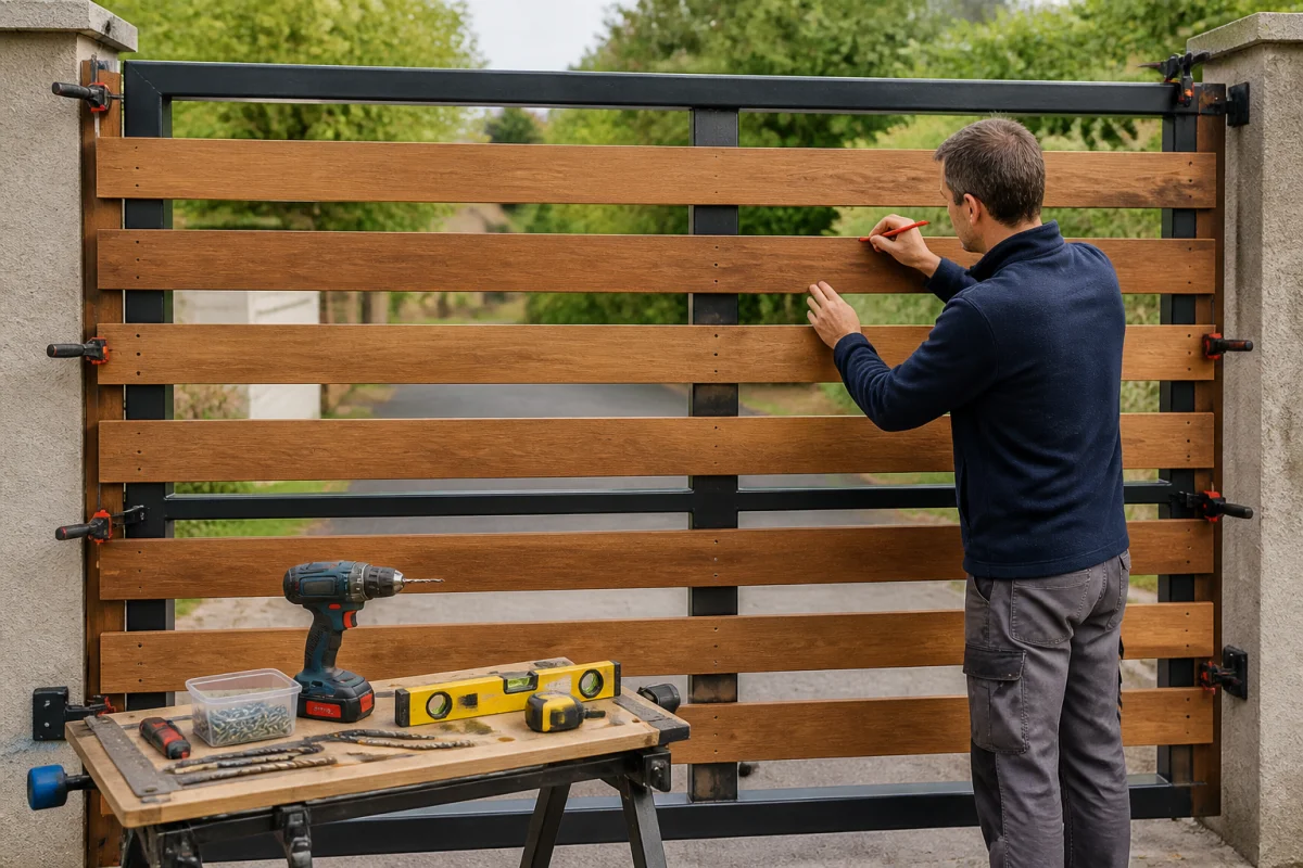 Comment habiller un portail en fer avec du bois